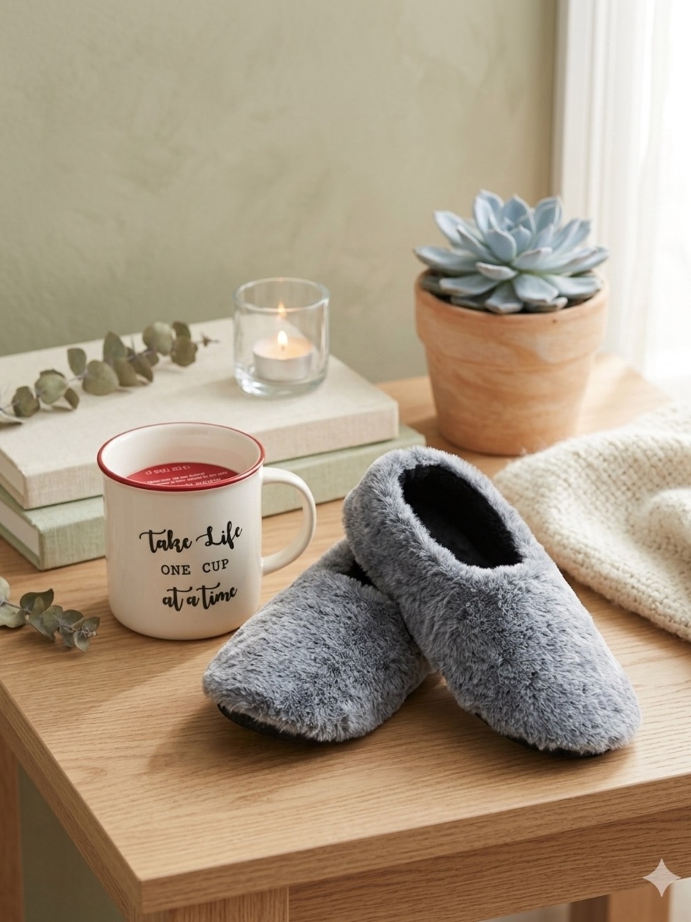 Self care Cozy Slippers AND Candle Mug. NEW